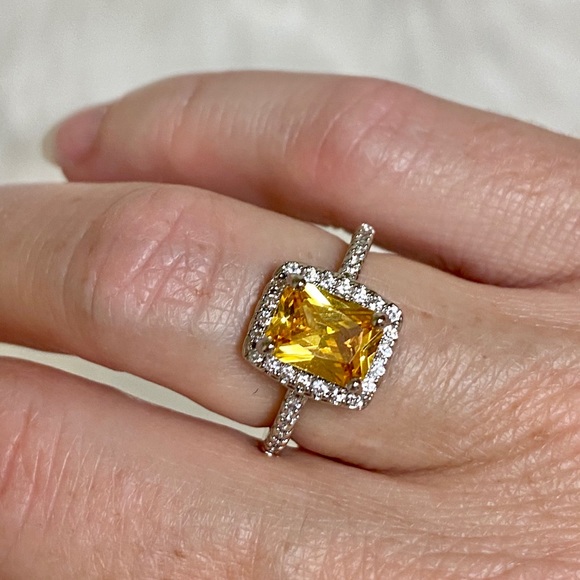 925 Sterling Silver Yellow Canary CZ Halo Ring - Picture 12 of 12